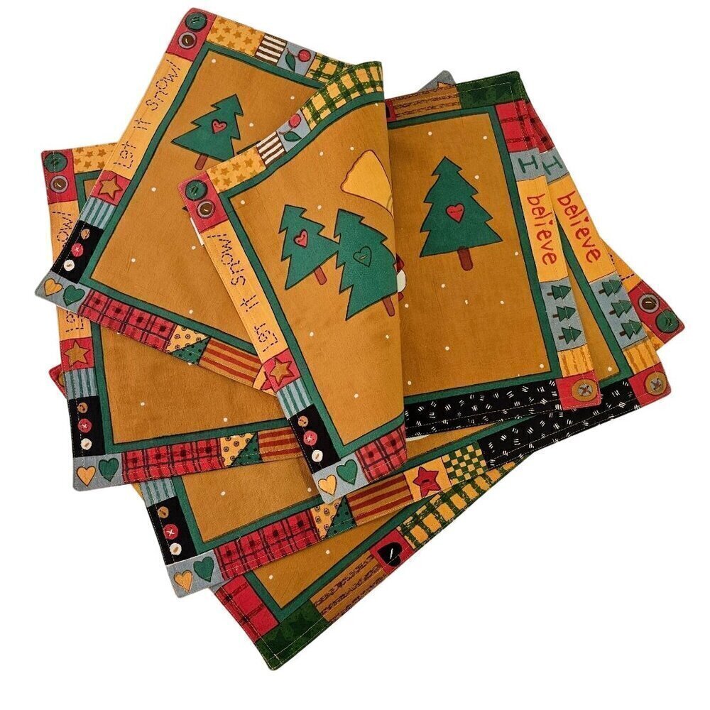 International Silver Co Christmas Placemats Hand Screened 100% Cotton Set 4 NEW